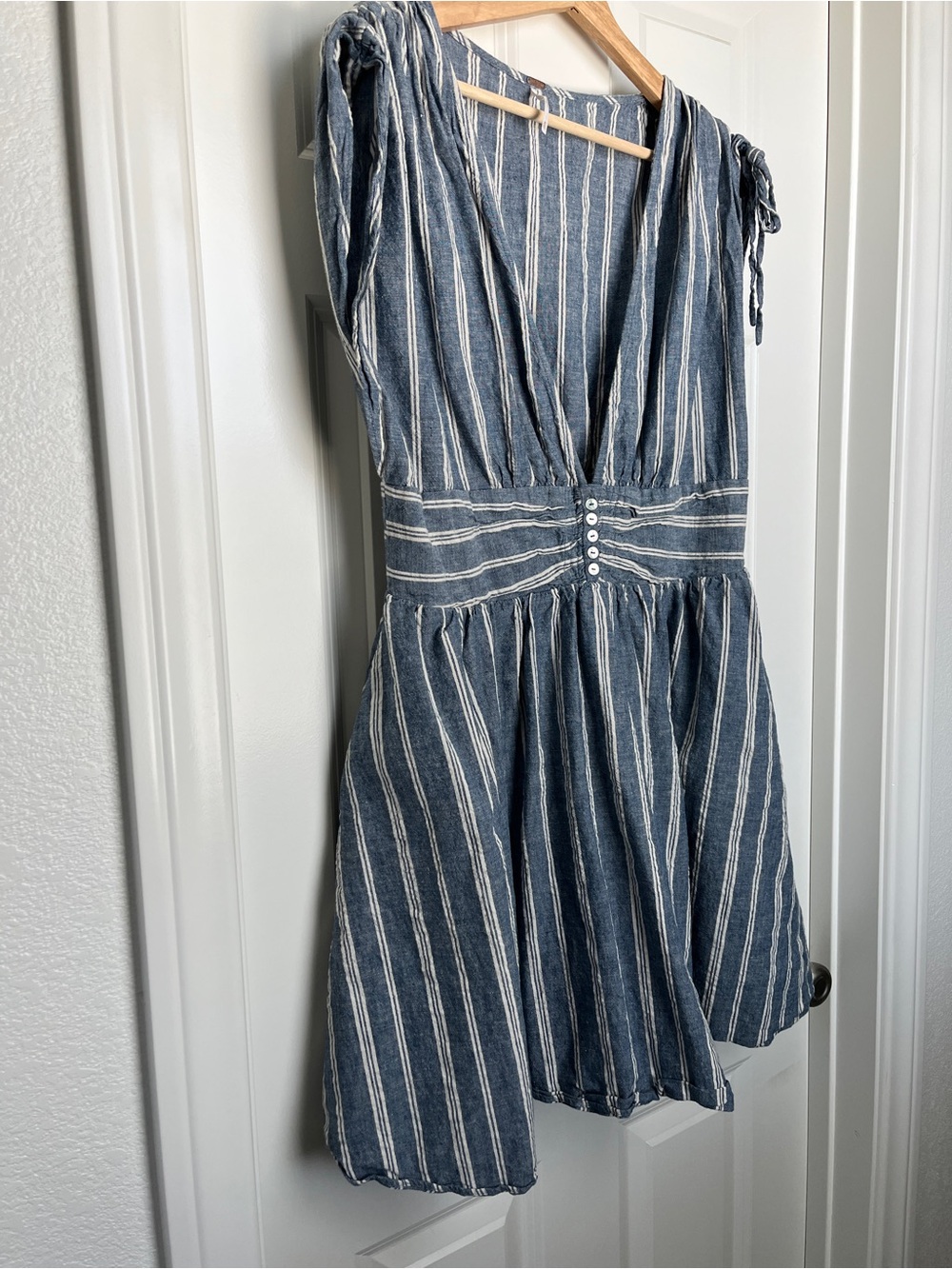 Free People Blue & White Striped V-Neck Mini Dress